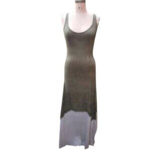 Maxi tank tube fitted slip lace up back dress in olive green w dip tie dye hem